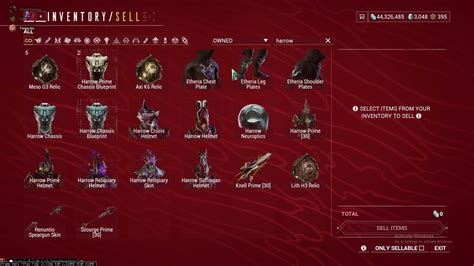 How to sell inventory items for credits in Warframe 2022.